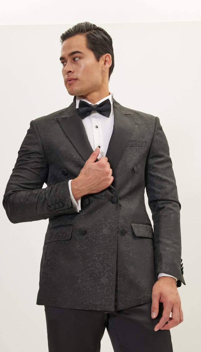 Double Breasted Metallic Floral Embroidery Peak Lapel Tuxedo Jacket - Black - Ron Tomson