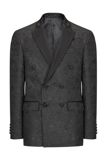 Double Breasted Metallic Floral Embroidery Peak Lapel Tuxedo Jacket - Black - Ron Tomson