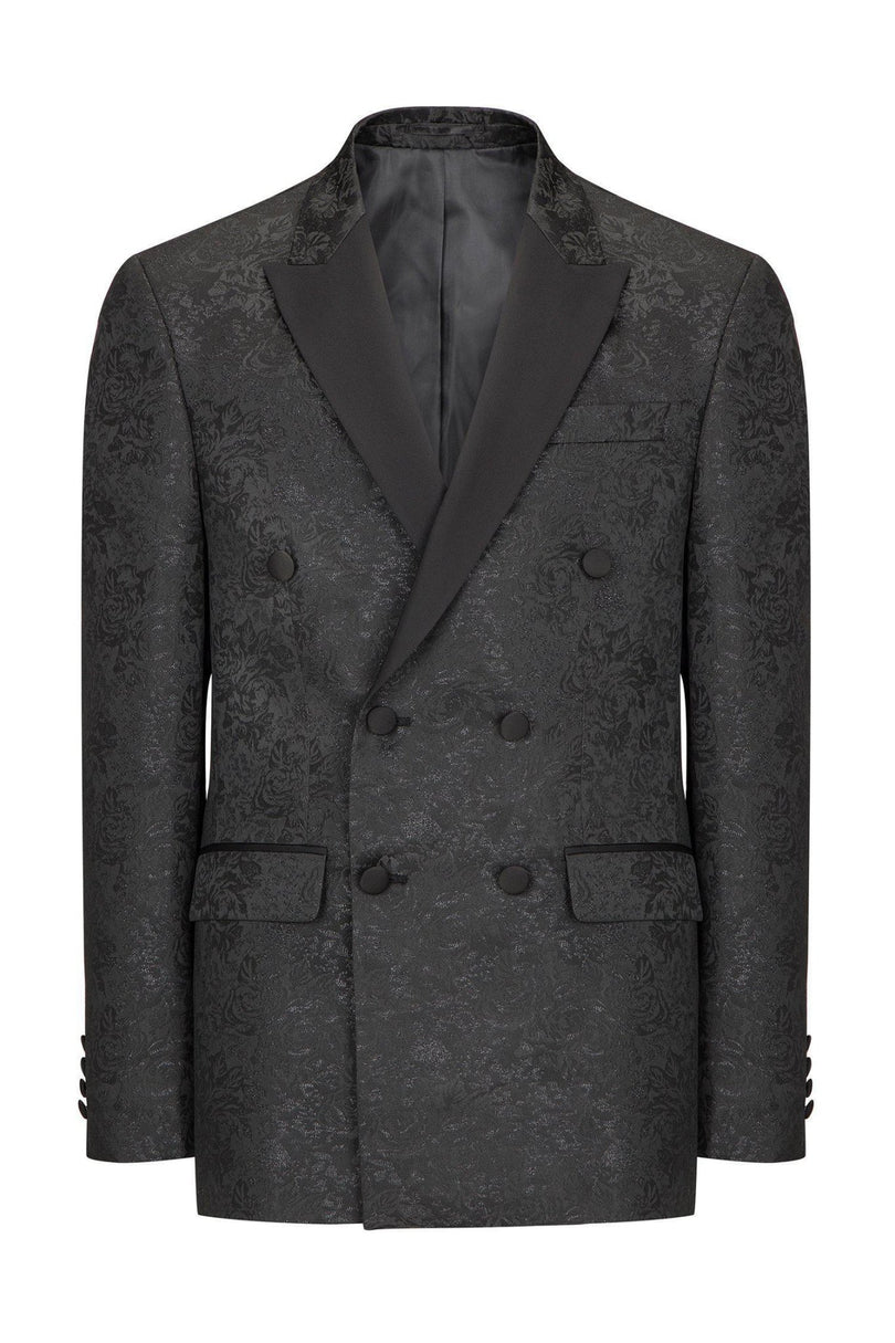 Double Breasted Metallic Floral Embroidery Peak Lapel Tuxedo Jacket - Black - Ron Tomson