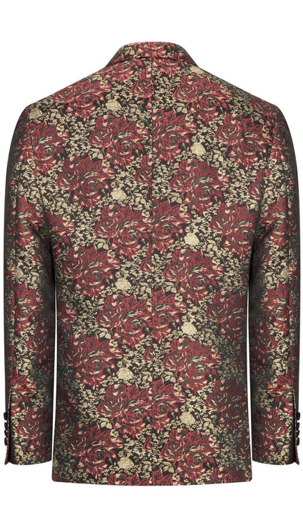 Double Breasted Metallic Floral Embroidery Peak Lapel Tuxedo Jacket - Burgundy - Ron Tomson