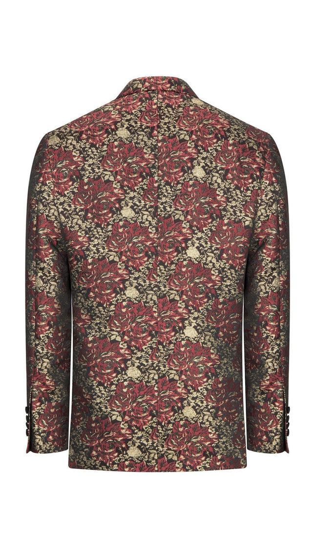Double Breasted Metallic Floral Embroidery Peak Lapel Tuxedo Jacket - Burgundy - Ron Tomson