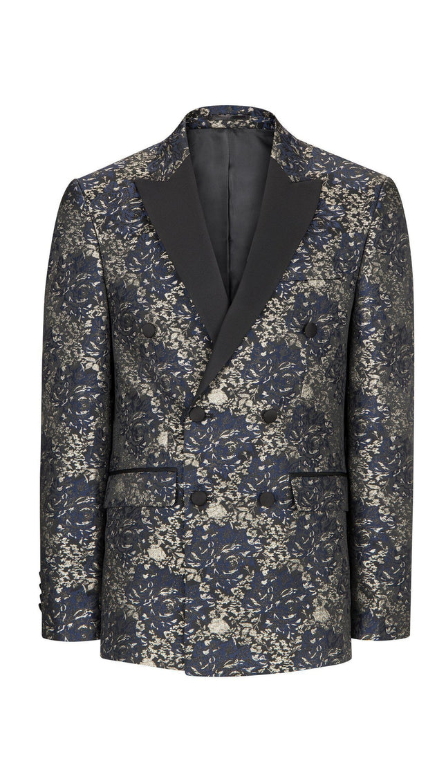 Double Breasted Metallic Floral Embroidery Peak Lapel Tuxedo Jacket - Navy - Ron Tomson