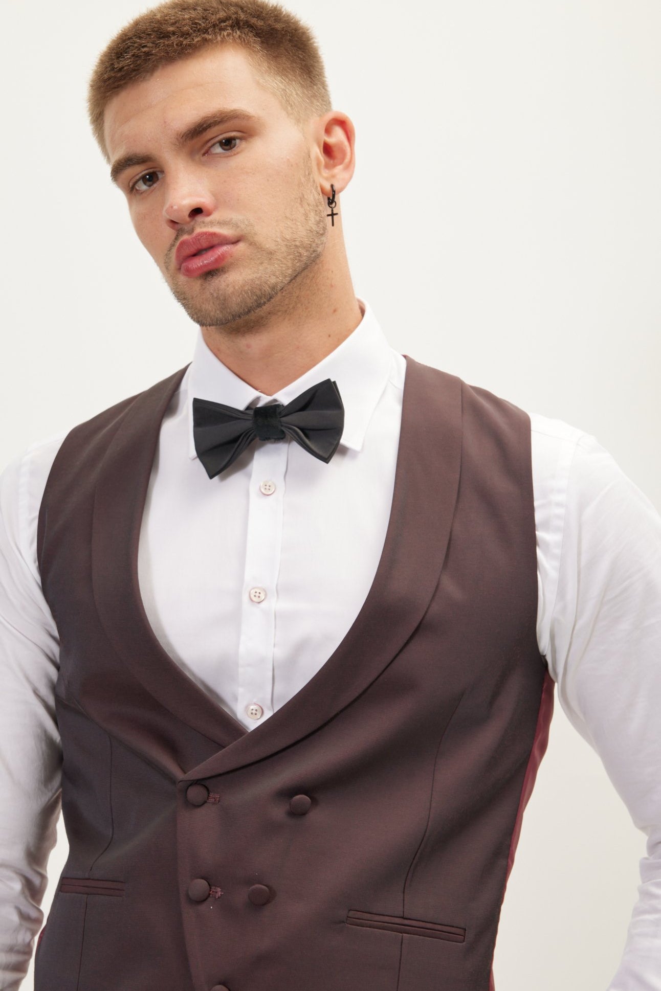 Double Breasted U-Shaped Vest - Burgundy - Ron Tomson