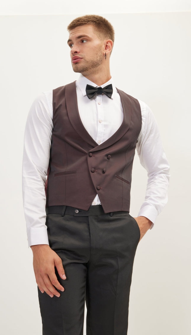 Double Breasted U-Shaped Vest - Burgundy - Ron Tomson