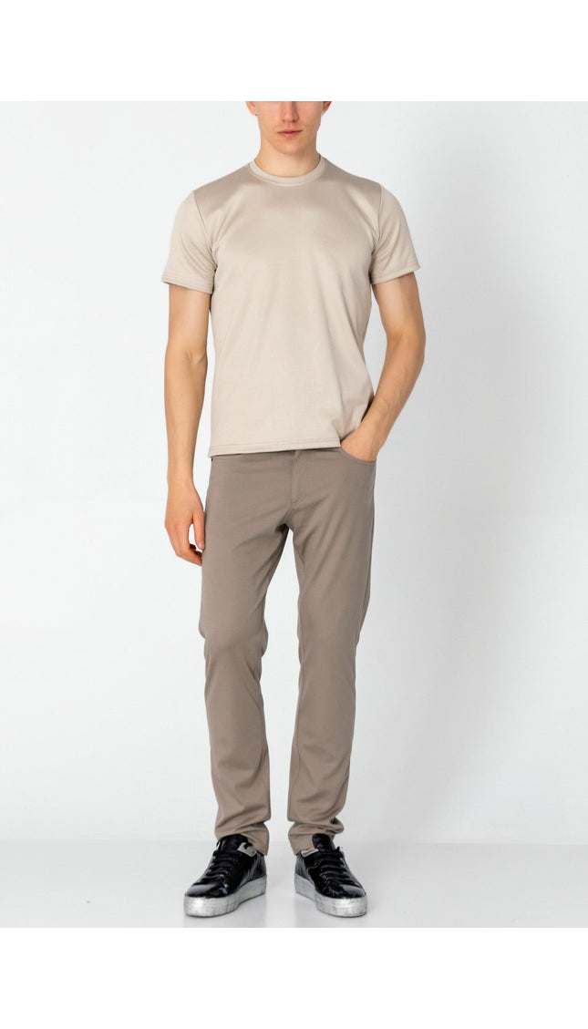 Double Knitted Luxurious Glow Crew Neck T-Shirt - Beige - Ron Tomson
