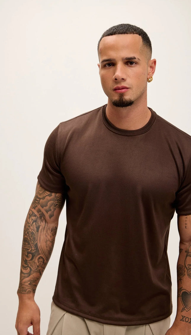 Double Knitted Luxurious Glow Crew Neck T-Shirt - Brown - Ron Tomson