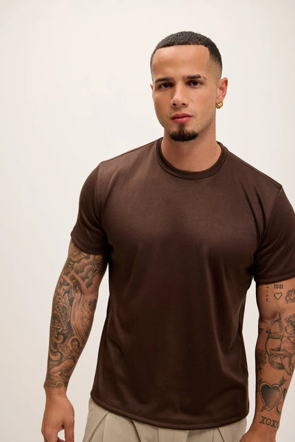 Double Knitted Luxurious Glow Crew Neck T-Shirt - Brown - Ron Tomson