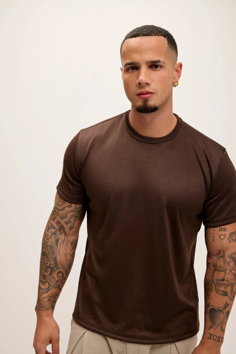 Double Knitted Luxurious Glow Crew Neck T-Shirt - Brown - Ron Tomson