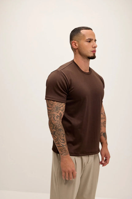 Double Knitted Luxurious Glow Crew Neck T-Shirt - Brown - Ron Tomson