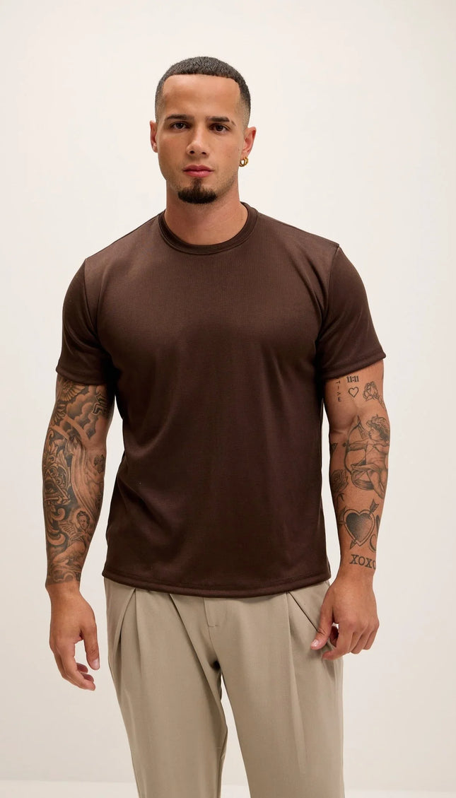 Double Knitted Luxurious Glow Crew Neck T-Shirt - Brown - Ron Tomson