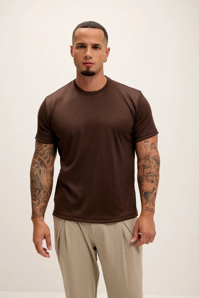 Double Knitted Luxurious Glow Crew Neck T-Shirt - Brown - Ron Tomson