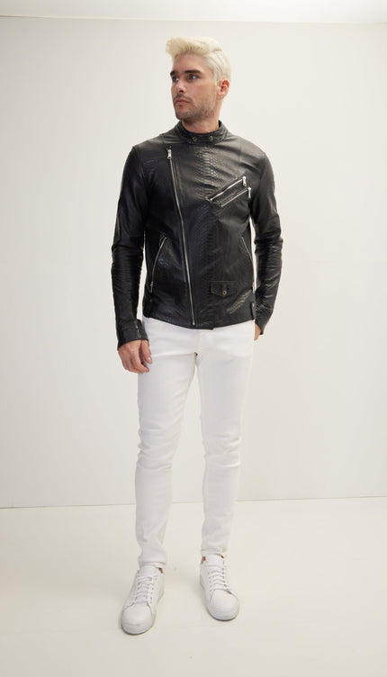 Double Zipper Cafe Racers Jacket - Black Leather Snake Embossed - Ron Tomson