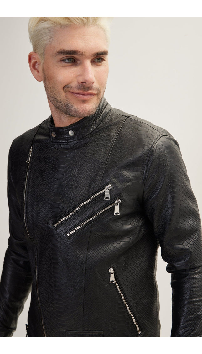 Double Zipper Cafe Racers Jacket - Black Leather Snake Embossed - Ron Tomson
