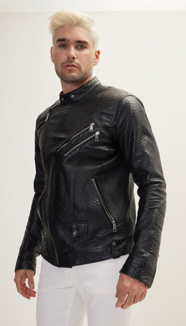 Double Zipper Cafe Racers Jacket - Black Leather Snake Embossed - Ron Tomson