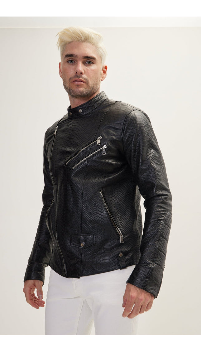 Double Zipper Cafe Racers Jacket - Black Leather Snake Embossed - Ron Tomson