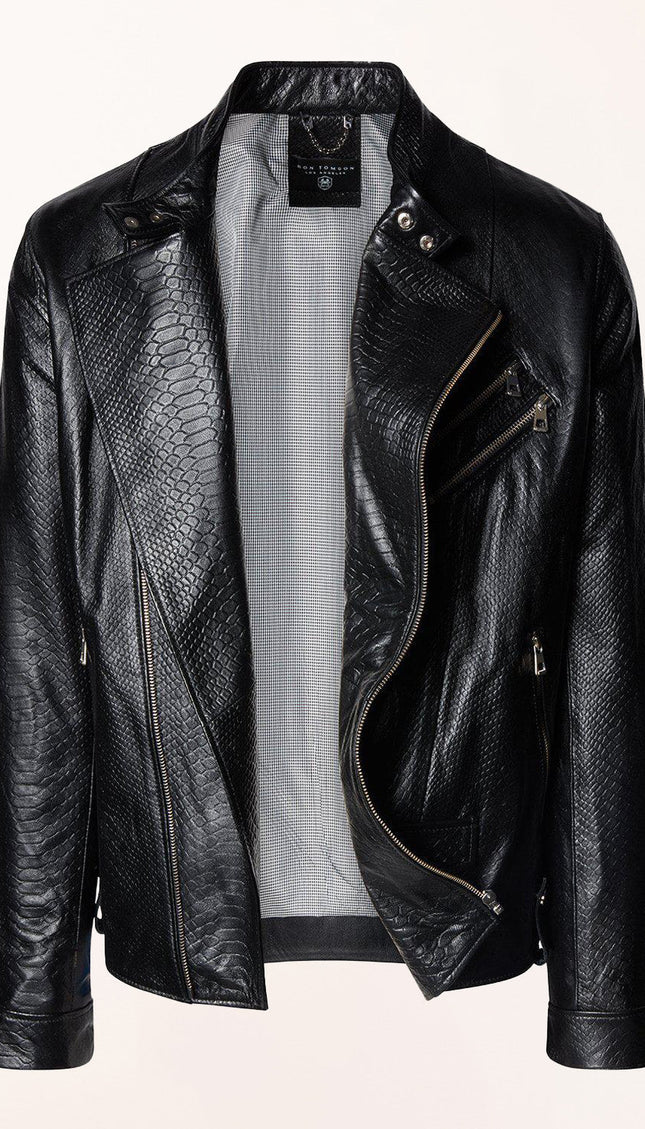 Double Zipper Cafe Racers Jacket - Black Leather Snake Embossed - Ron Tomson