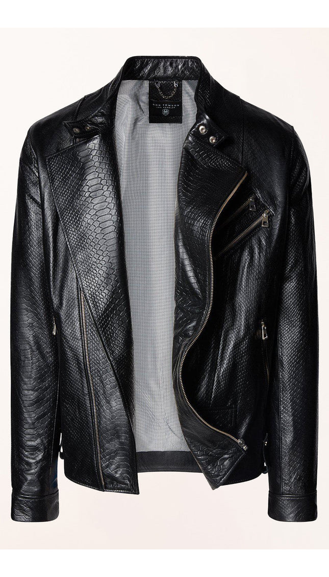 Double Zipper Cafe Racers Jacket - Black Leather Snake Embossed - Ron Tomson