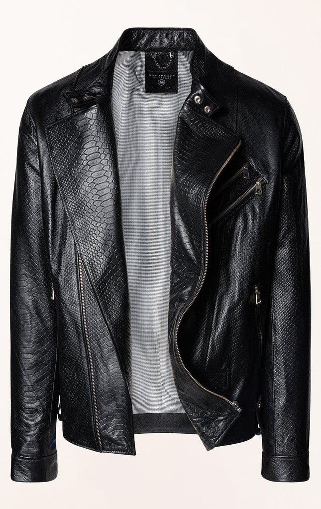 Men's Double Zipper Cafe Racers Jacket - Black Leather Snake Embossed - Ron Tomson Leather