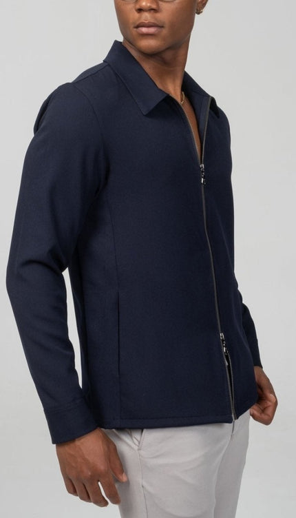 Double Zipper Closure Lightweight Shacket - Navy - Ron Tomson