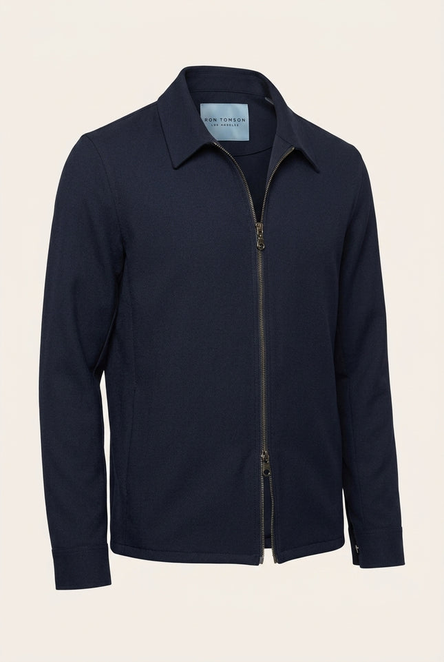 Double Zipper Closure Lightweight Shacket - Navy - Front