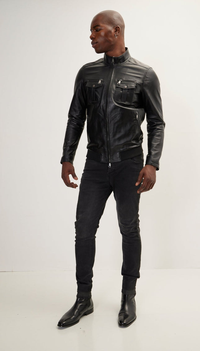 Double Zipper Stand Collar Leather Bomber Jacket - Black - Ron Tomson