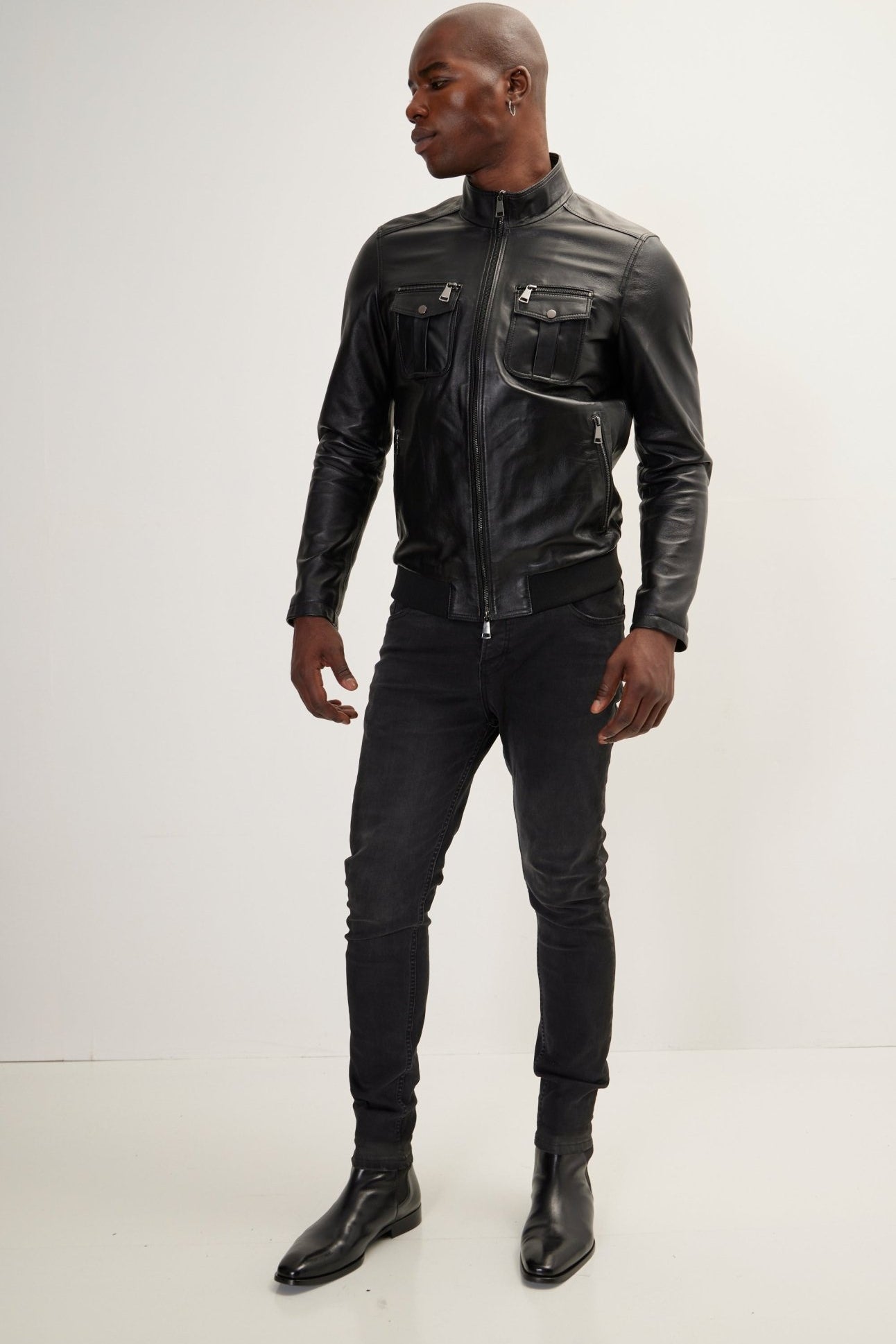 Double Zipper Stand Collar Leather Bomber Jacket - Black - Ron Tomson