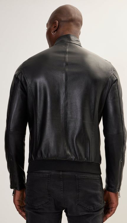 Double Zipper Stand Collar Leather Bomber Jacket - Black - Ron Tomson