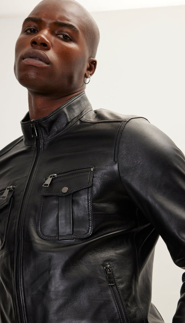 Double Zipper Stand Collar Leather Bomber Jacket - Black - Ron Tomson