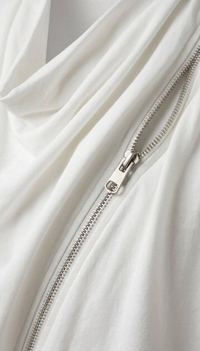 Draped Asymmetric Zipper Tee - White - Detail