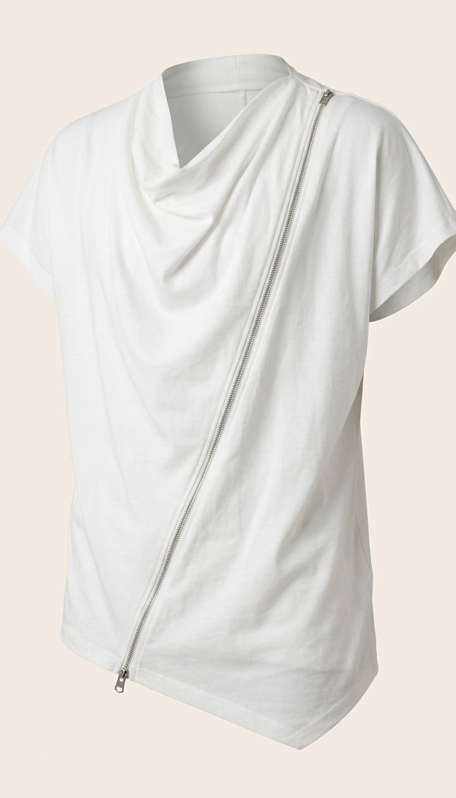 Draped Asymmetric Zipper Tee - White - Front