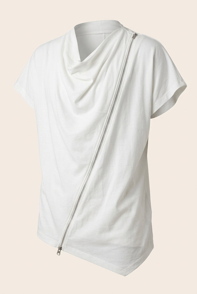 Draped Asymmetric Zipper Tee - White - Front
