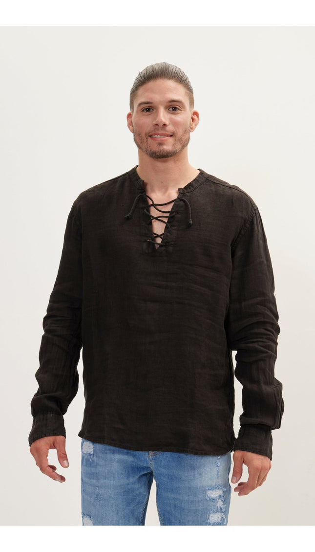 Drawstring Linen Long Sleeve Shirt - Black - Ron Tomson