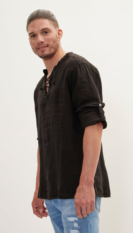Drawstring Linen Long Sleeve Shirt - Black - Ron Tomson
