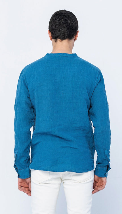 Drawstring Linen Long Sleeve Shirt - Dark Blue - Ron Tomson