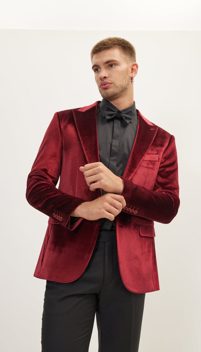 Dumond Peak Lapel Velvet Dinner Jacket - Burgundy - Ron Tomson