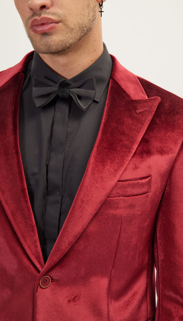 Dumond Peak Lapel Velvet Dinner Jacket - Burgundy - Ron Tomson