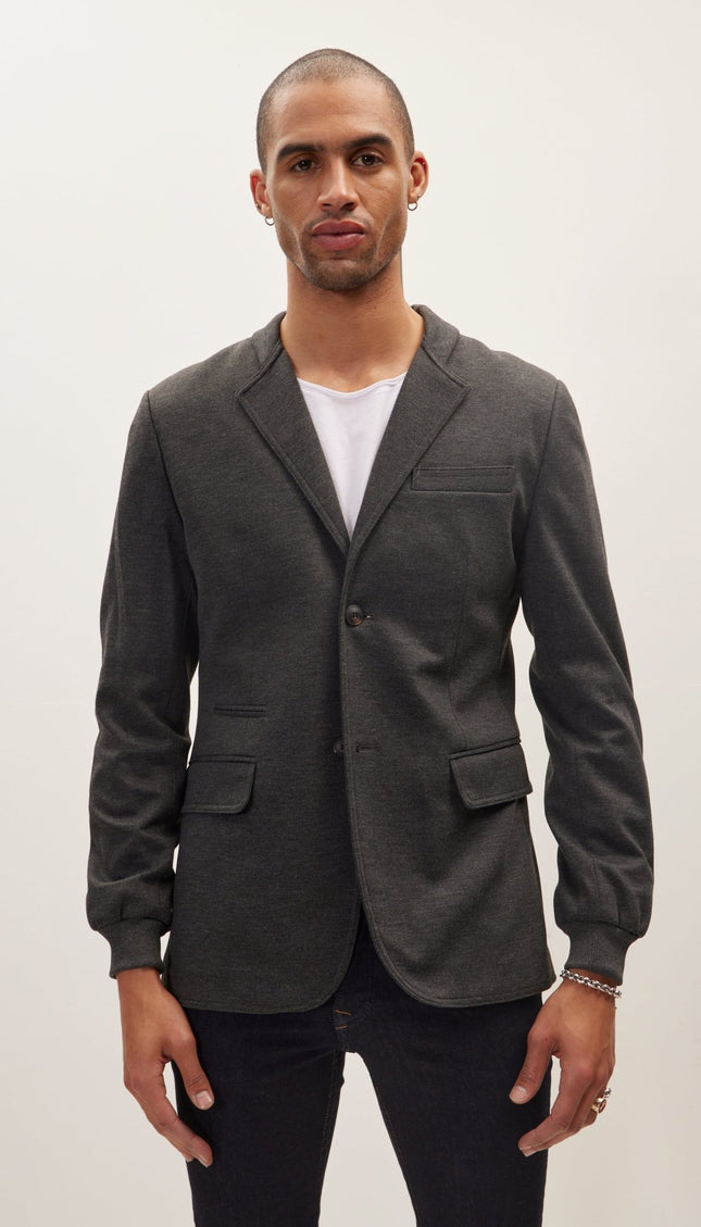 Elastic Cuff And Neck Detail Fitted Blazer - Anthracite - Ron Tomson