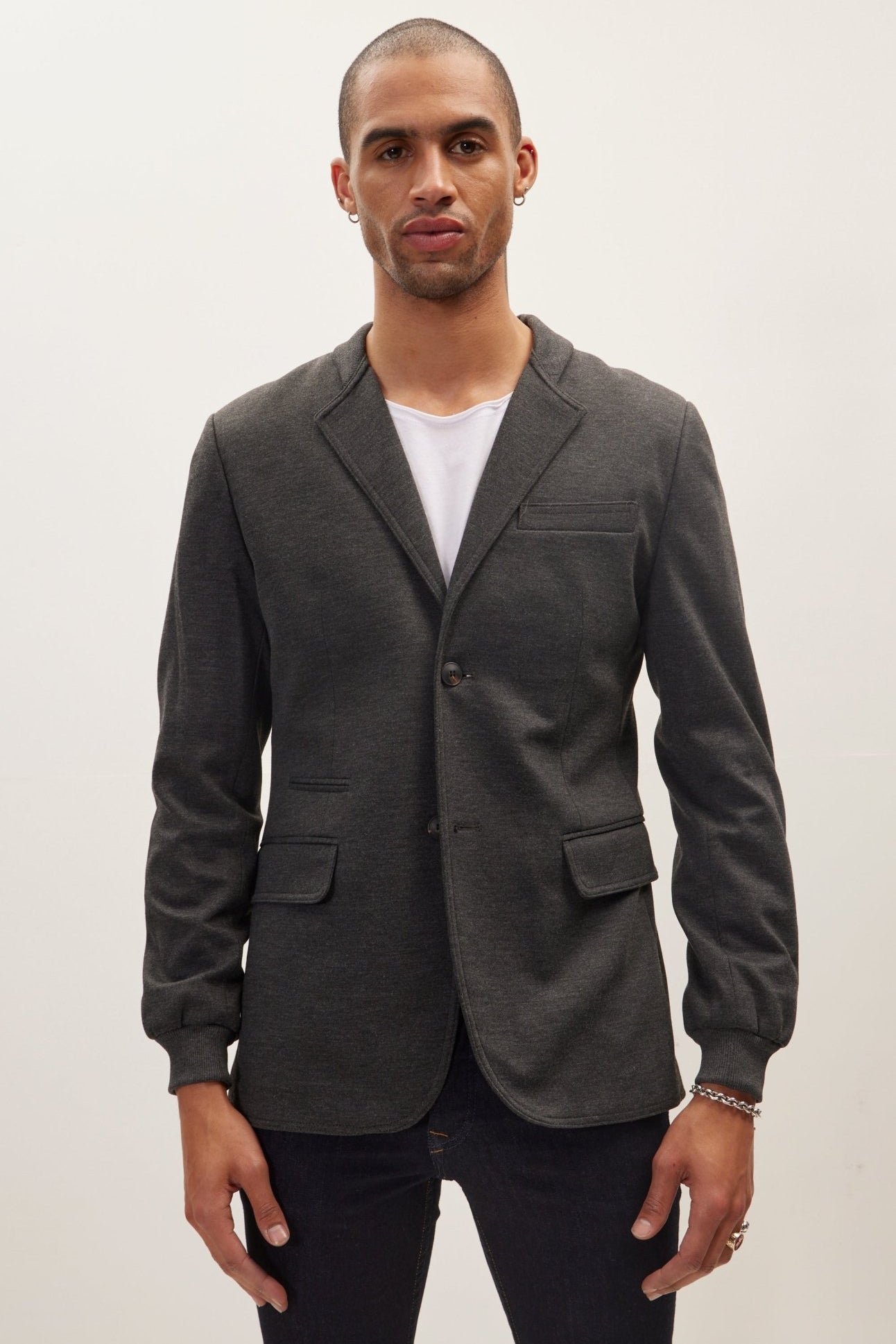 Elastic Cuff And Neck Detail Fitted Blazer - Anthracite - Ron Tomson