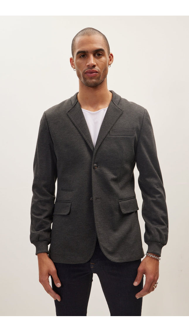 Elastic Cuff And Neck Detail Fitted Blazer - Anthracite - Ron Tomson