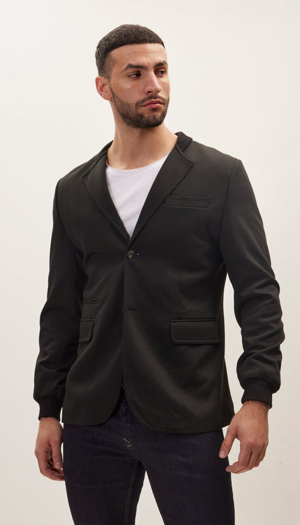 Elastic Cuff And Neck Detail Fitted Blazer - Black - Ron Tomson