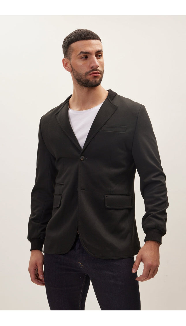 Elastic Cuff And Neck Detail Fitted Blazer - Black - Ron Tomson