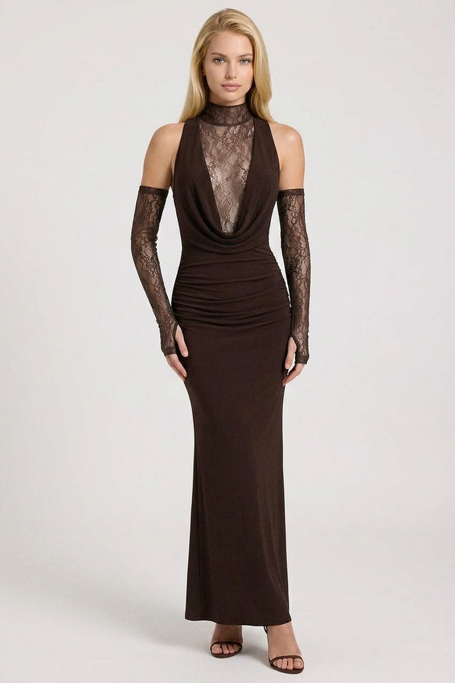 Sleeveless Lace Dress - Brown - Front