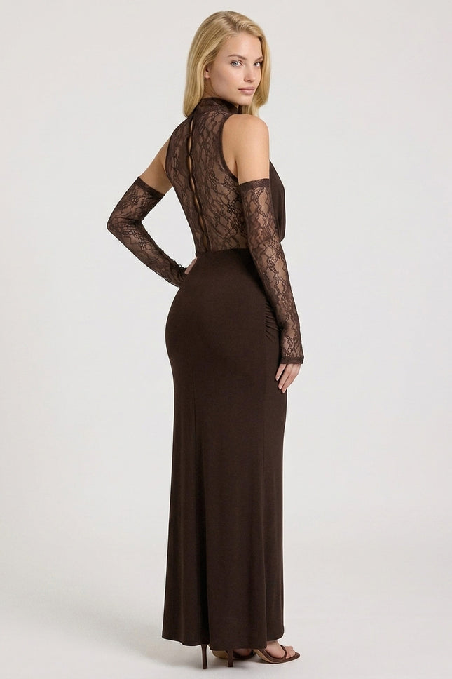 Sleeveless Lace Dress - Brown - Side