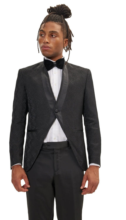 Embellished Satin Mandarin Collar Tuxedo Jacket - Black - Ron Tomson