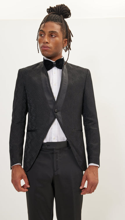 Embellished Satin Mandarin Collar Tuxedo Jacket - Black - Ron Tomson