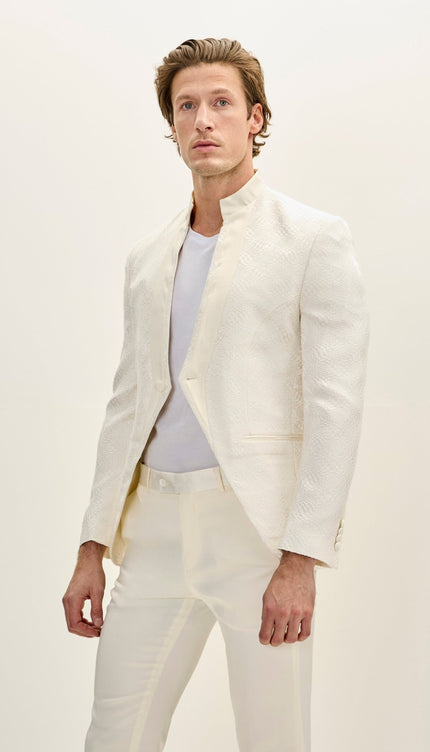 Embellished Satin Mandarin Collar Tuxedo Jacket - White - Ron Tomson