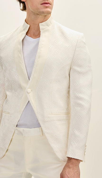 Embellished Satin Mandarin Collar Tuxedo Jacket - White - Ron Tomson