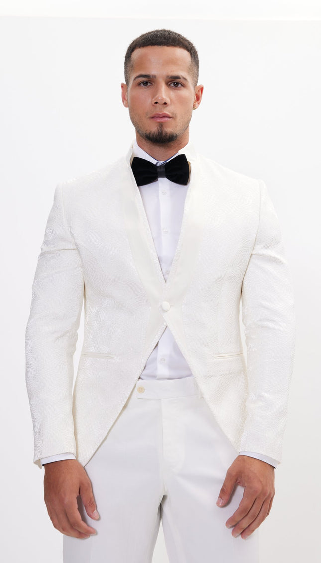 Embellished Satin Mandarin Collar Tuxedo Jacket - White - Ron Tomson