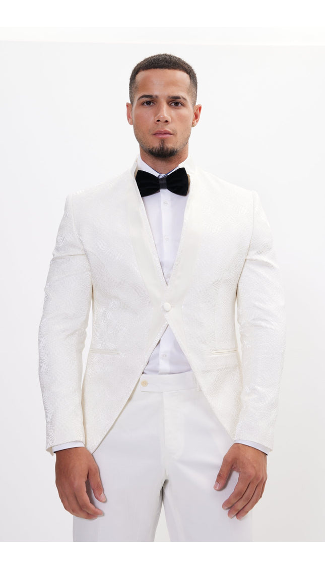 Embellished Satin Mandarin Collar Tuxedo Jacket - White - Ron Tomson