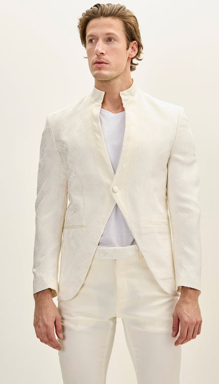 Embellished Satin Mandarin Collar Tuxedo Jacket - White - Ron Tomson